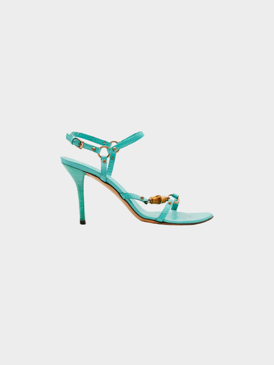 Gucci 2000s Turquoise Grained Leather Heeled Sandals
