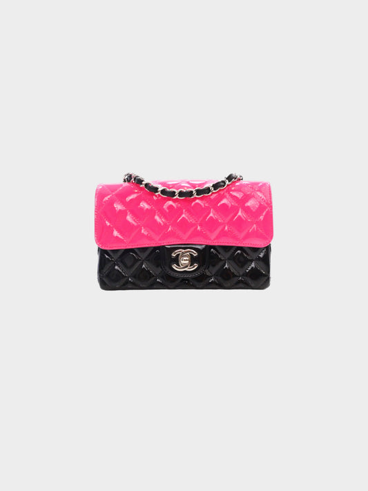 Chanel 2020 Black and Pink Patent Leather Mini Flap Bag