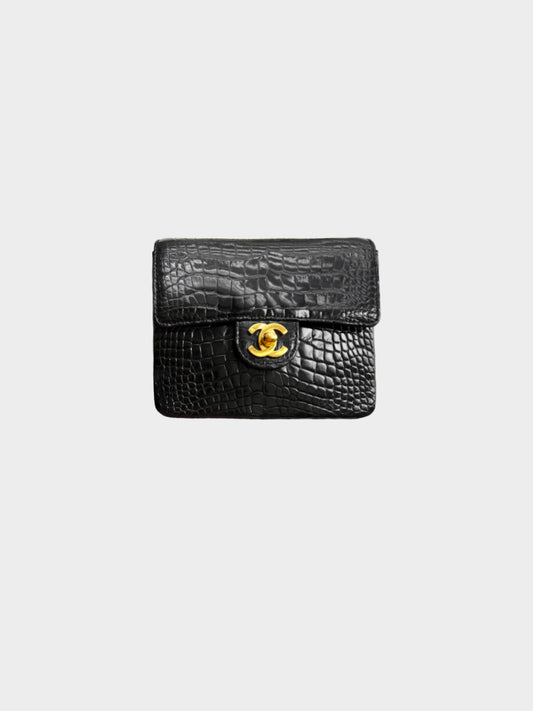 Chanel 1986-1988 Black Exotic Vintage Crocodile Mini Square Classic Flap Bag
