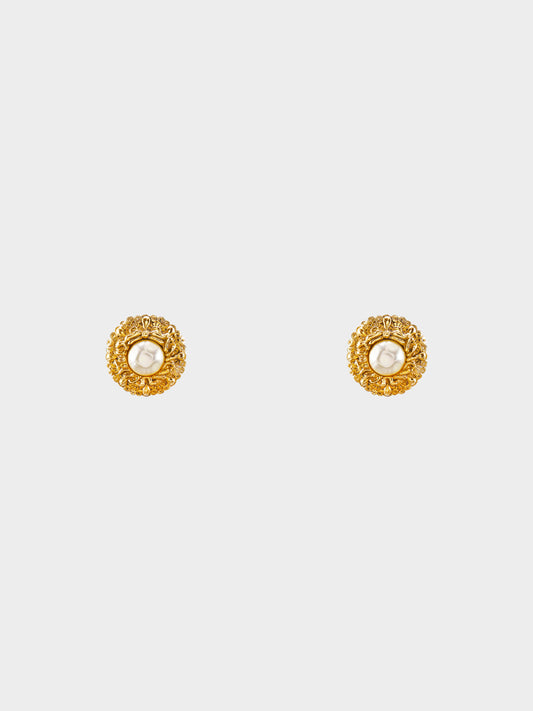 Chanel 1980s Gold and Hammered Faux Pearl Clip-on Earrings