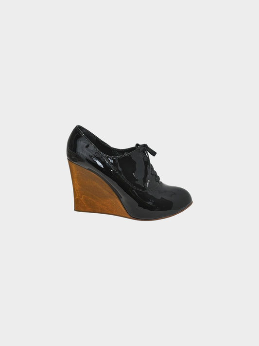 Chloe 2000s Black Patent Leather Lace-up Wedge Heels