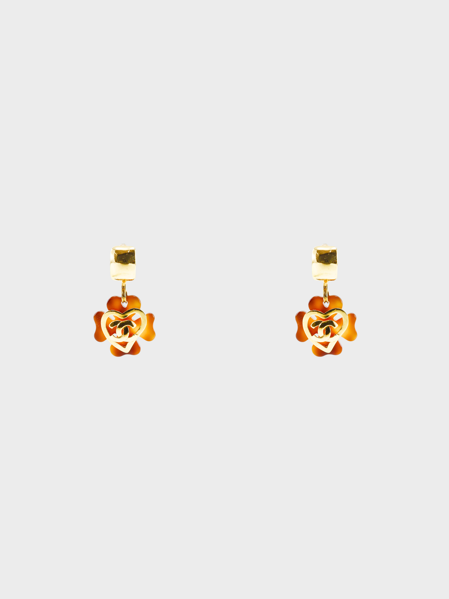 Chanel Spring 1995 Brown Coco Mark Tortoiseshell Clover Heart Clip-on Earrings