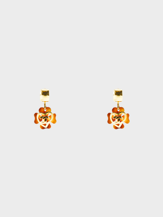 Chanel Spring 1995 Brown Coco Mark Tortoiseshell Clover Heart Clip-on Earrings