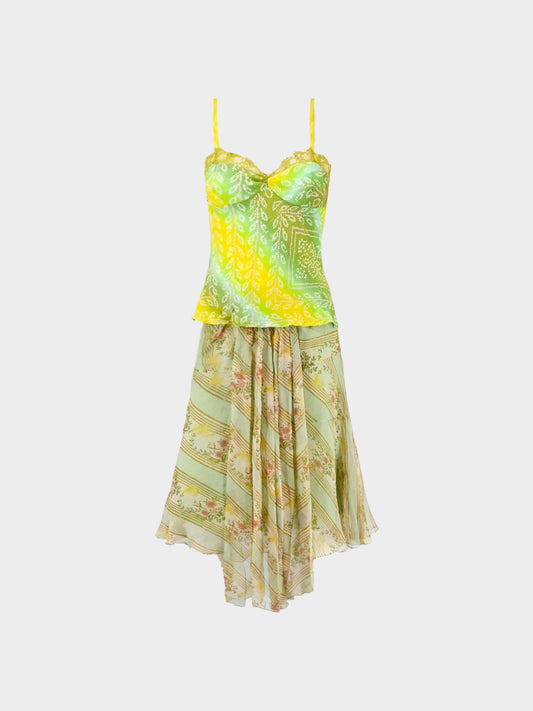 John Galliano 2000s Green and Yellow Plant Motif Print Top and Flared Chiffon Skirt Set