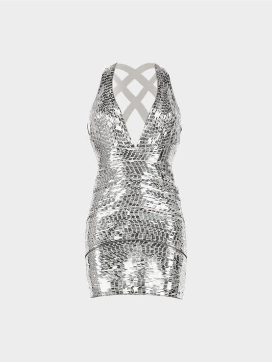 Roberto Cavalli SS 2008 Silver Sequins Fitted Silk Dress