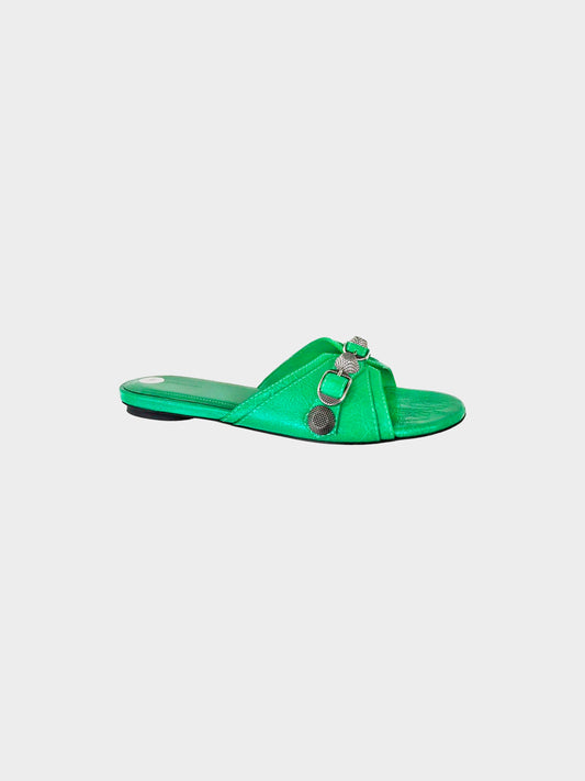 Balenciaga 2010s Green Leather Studded Flat Sandals