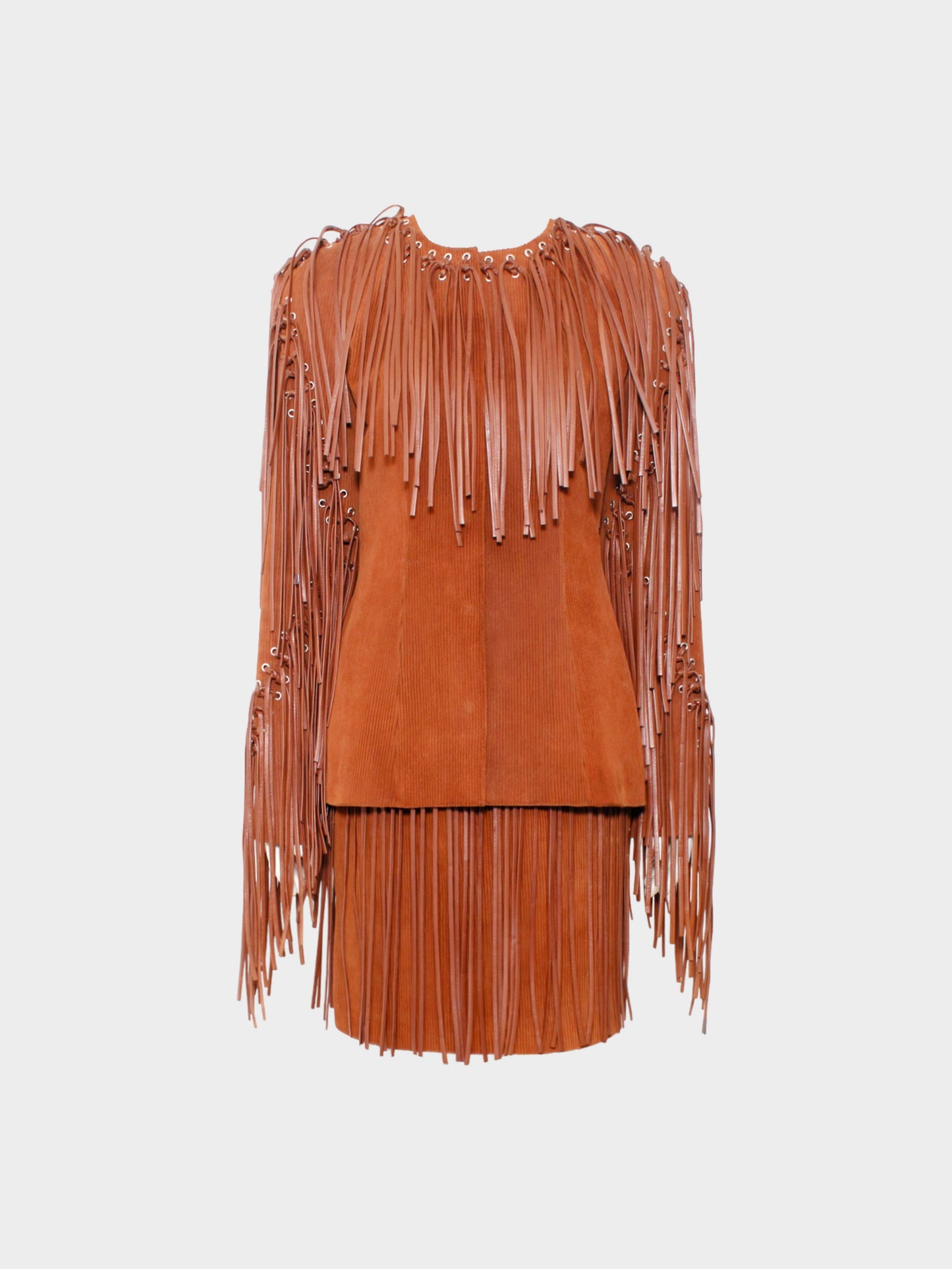 Paco Rabanne FW 1994-1995 Brown Suede and Leather Fringed Jacket and Skirt Set