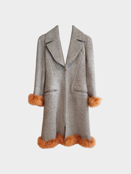 Chanel FW 1997 Grey Wool Coat with Brown Fur Trim