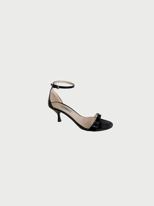 Prada 2000s Black Patent Leather Kitten Heel Sandals