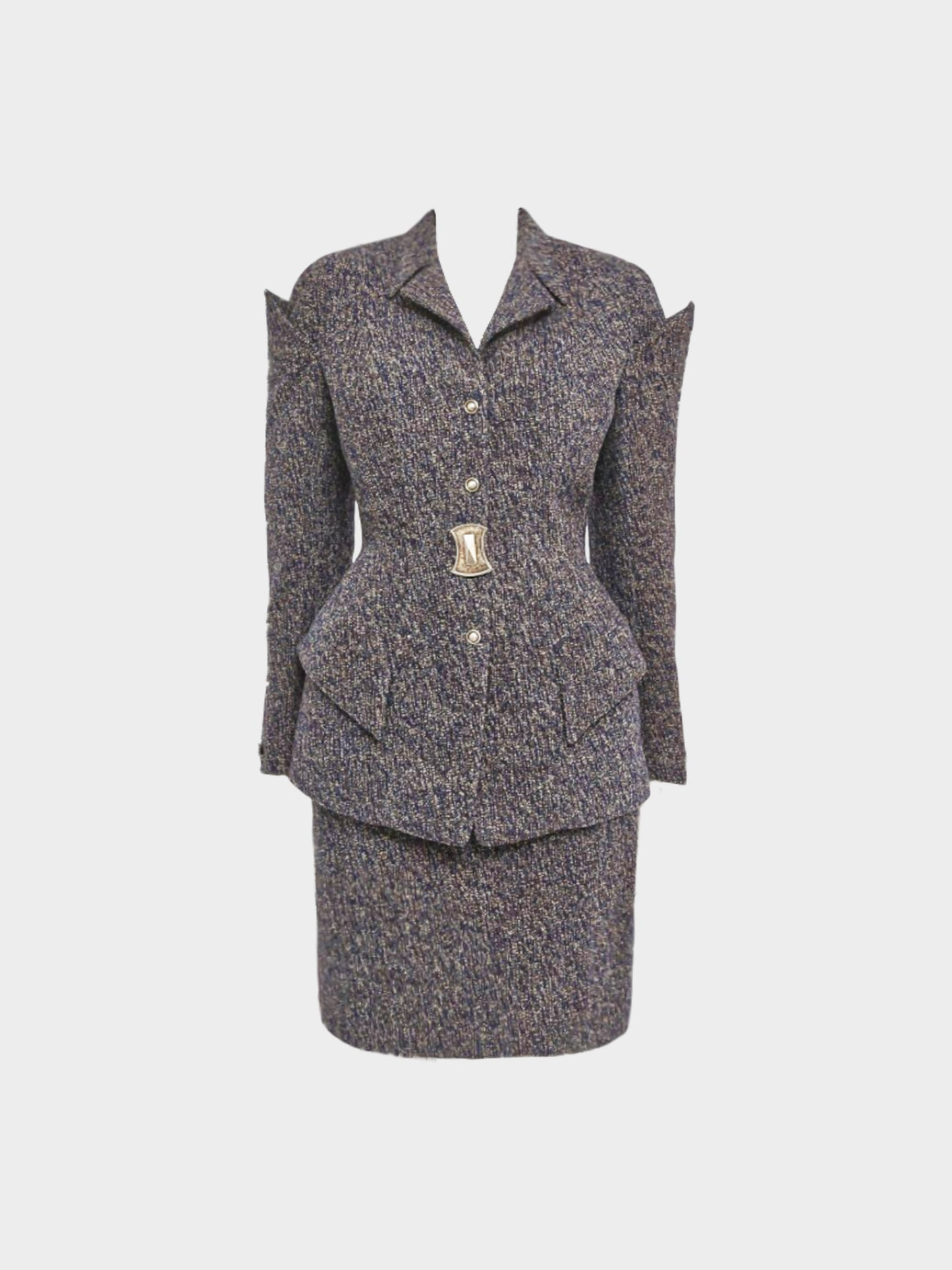 Thierry Mugler 1990s Blue and Grey Fitted Blazer and Skirt Set