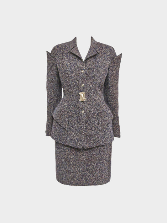 Thierry Mugler 1990s Blue and Grey Fitted Blazer and Skirt Set