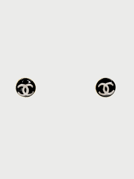 Chanel 2003 Silver Black Plated Metal Mini COCO Round Earrings