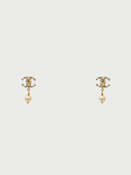 Chanel 2010s Gold Plated Metal Pearl Rhinestone CC Logo Earrings
