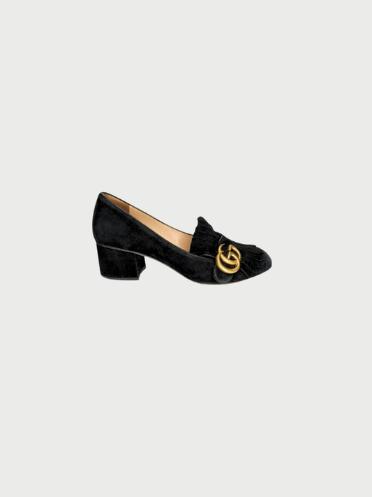 Gucci 2010s Black Suede GG Marmont Heeled Loafers