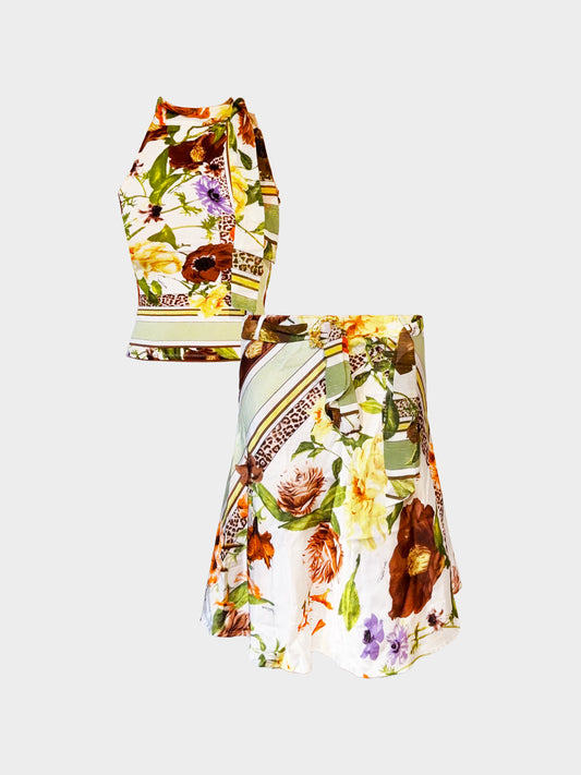 Roberto Cavalli 2000s Floral and Leopard Print Top and Skirt Set