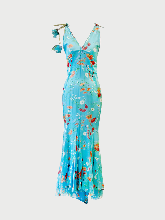 Dolce & Gabbana 2000s Aqua Blue Silk Chiffon Floral Gown