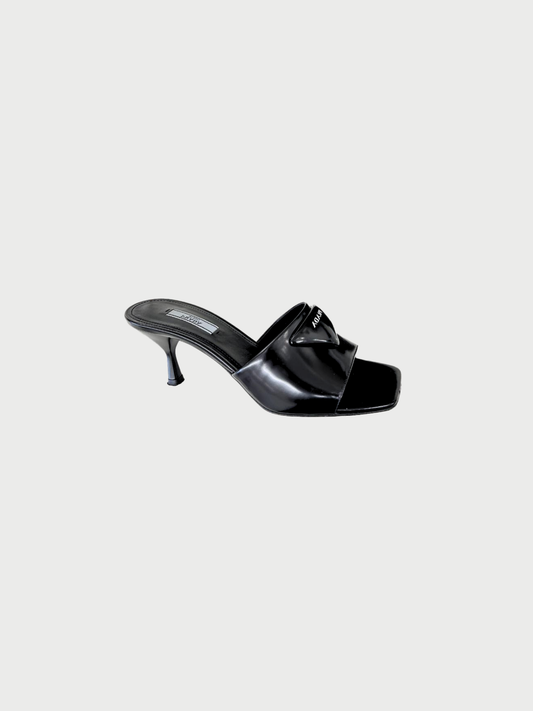 Prada 2010s Black Patent Leather Kitten Heel Mule Sandals