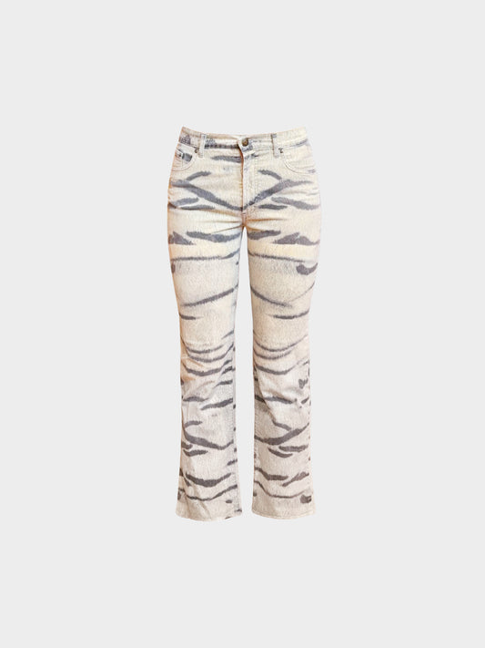 Roberto Cavalli 2000s Beige Tiger Print Denim Pants