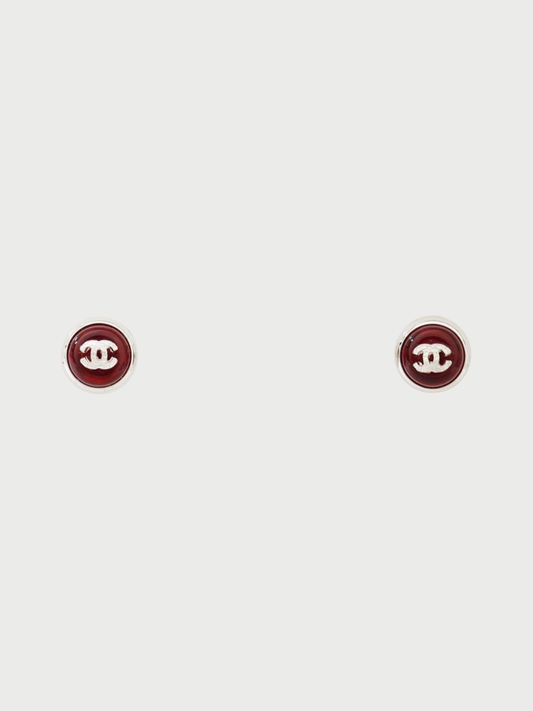 Chanel 2000s Silver Red COCO Logo Round Earrings