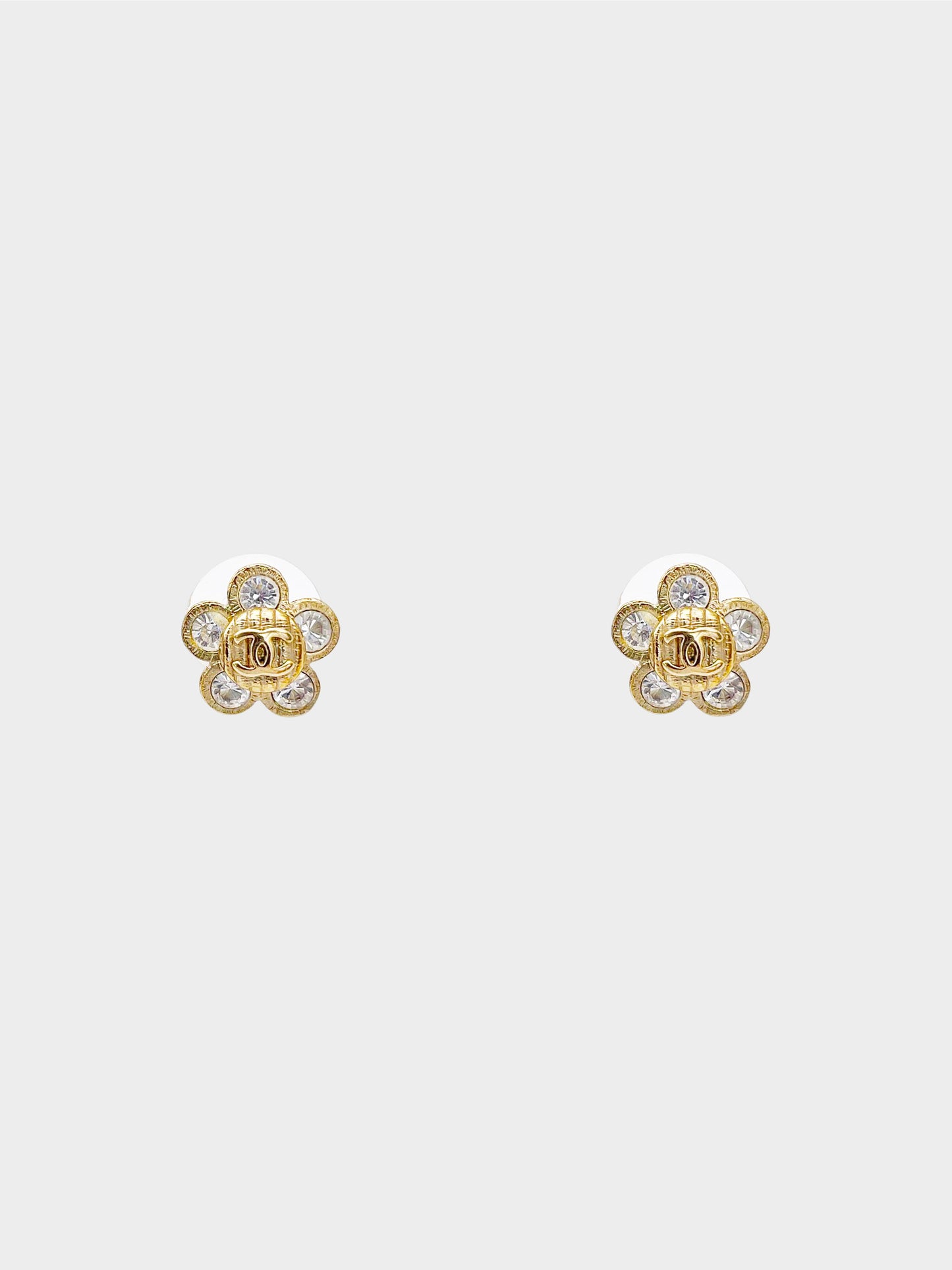 Chanel Fall 2007 Champagne Gold Rhinestone CC Flower Stud Earrings