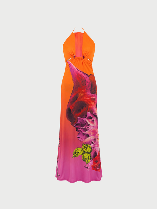 Roberto Cavalli Class 2000s Orange Pink Floral Halter Maxi Dress