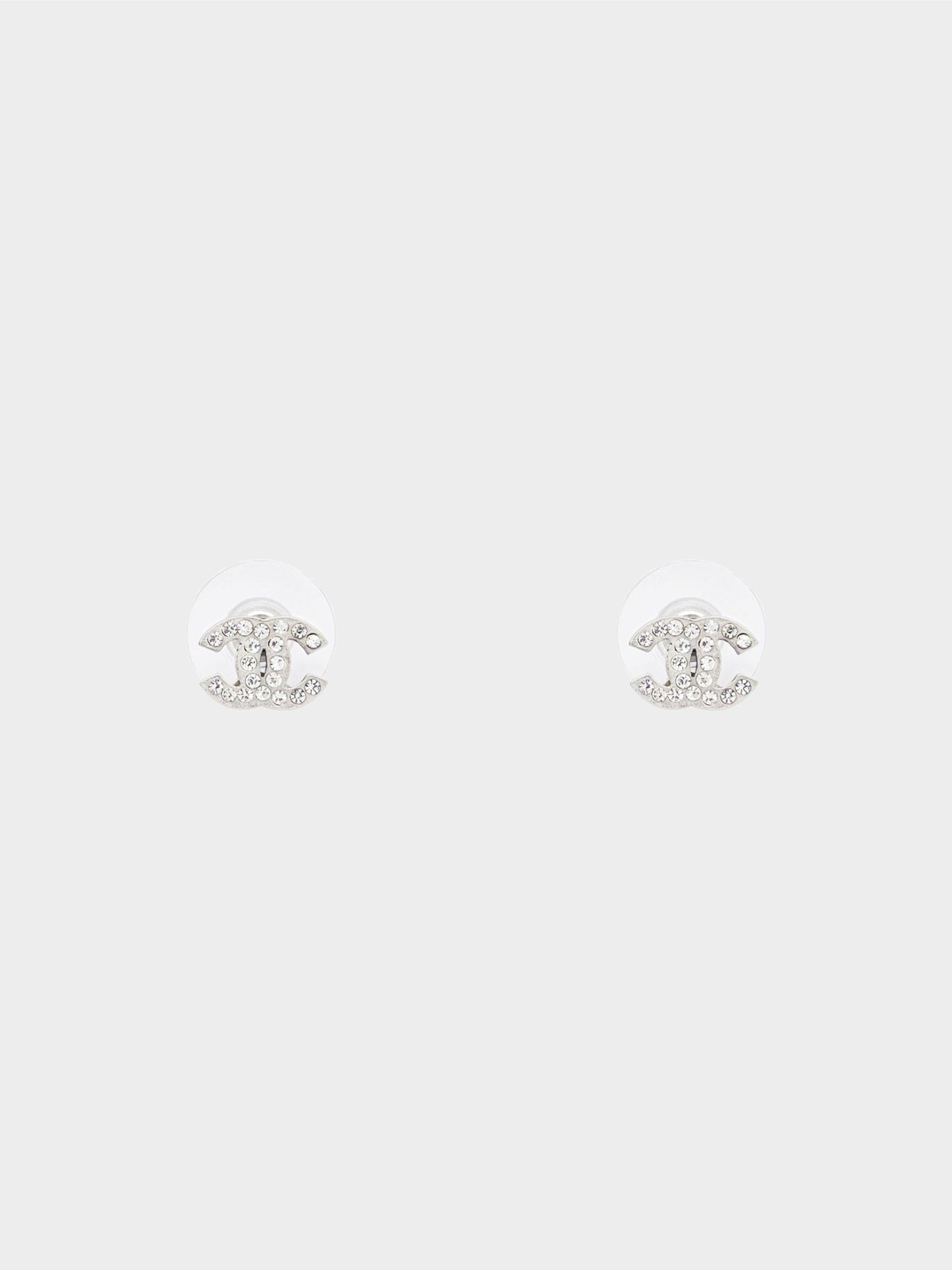Chanel 2009 Mini Silver Rhinestone CC Stud Earrings
