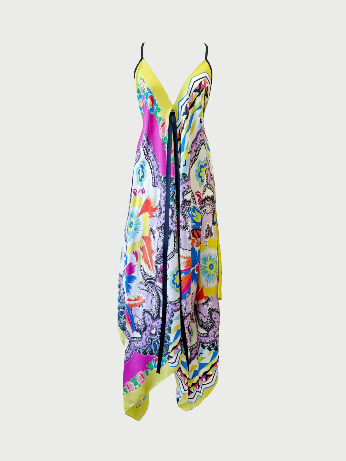Etro 2010s Multicolor Silk Floral Handkerchief Hem Gown