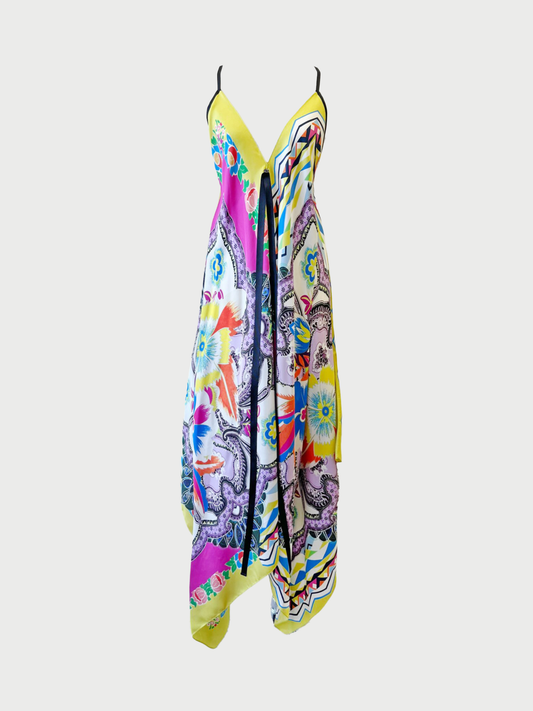 Etro 2010s Multicolor Silk Floral Handkerchief Hem Gown