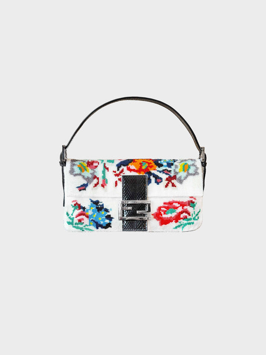 Fendi 2000s Multicolor Floral Beaded Baguette with Black Python Leather
