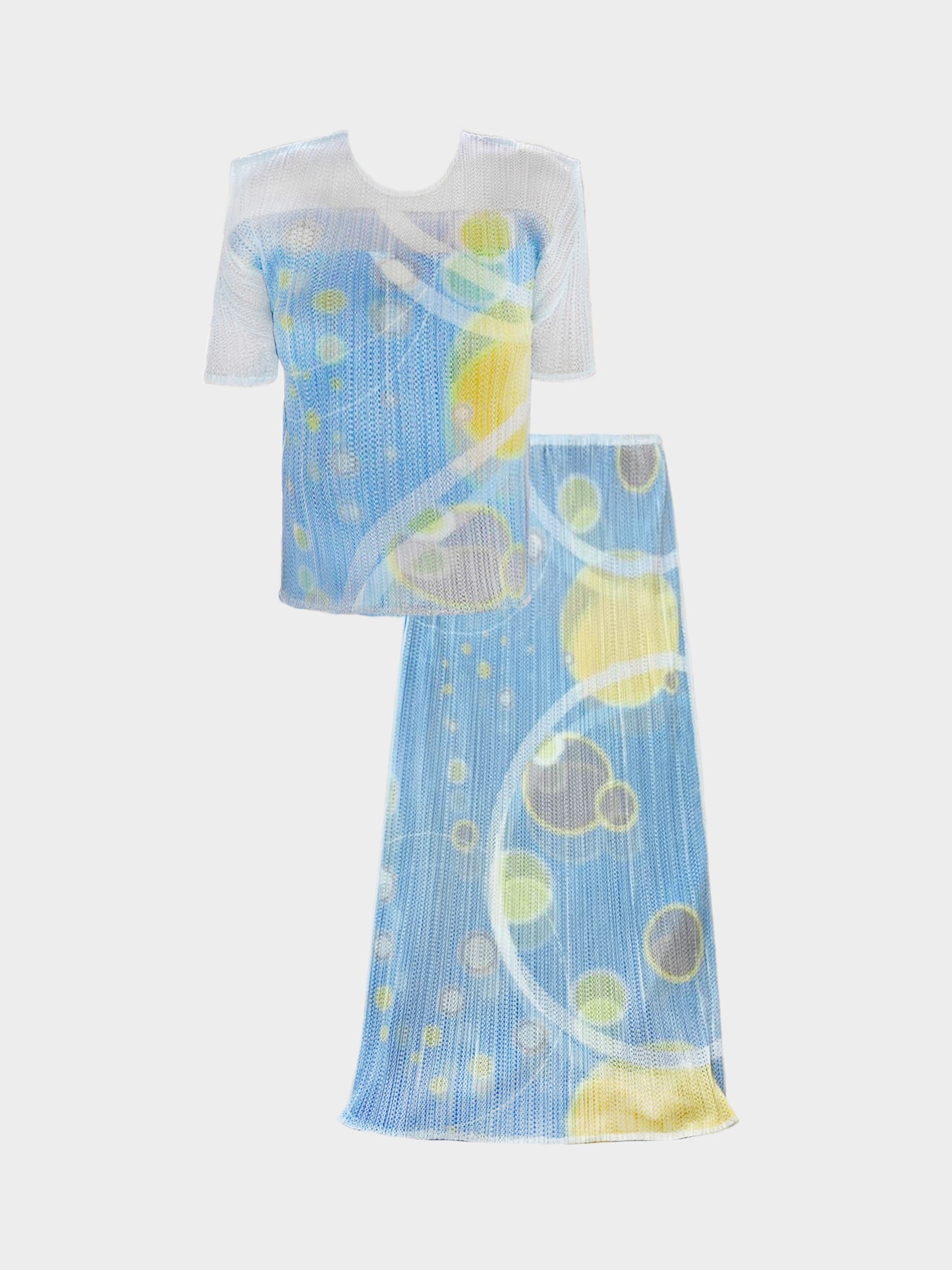 Issey Miyake Pleats Please SS 2011 Rare Blue and Yellow Cosmos Print Top and Skirt Set