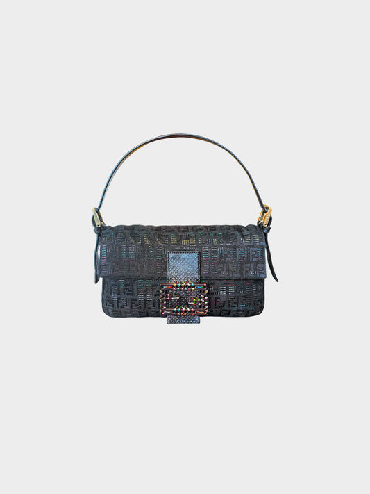 Fendi 2000s Rare Black and Multicolor Glitter Canvas Baguette