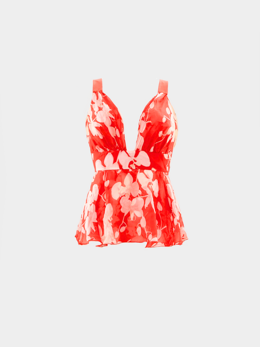 Valentino 2000s Red Flower Print Silk Top