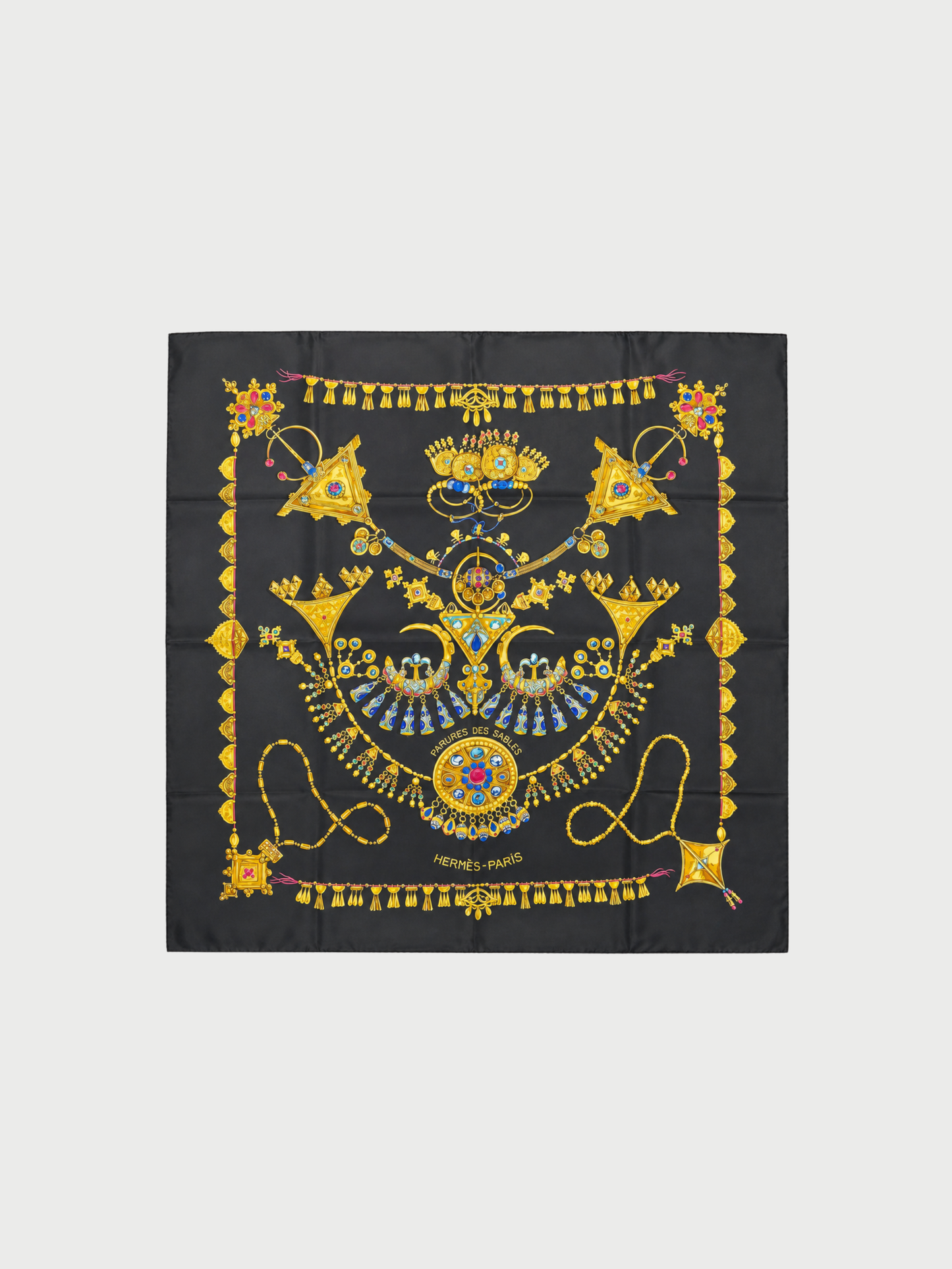 Hermès 1994 Black Parures des Sables Silk Carré 90 Scarf