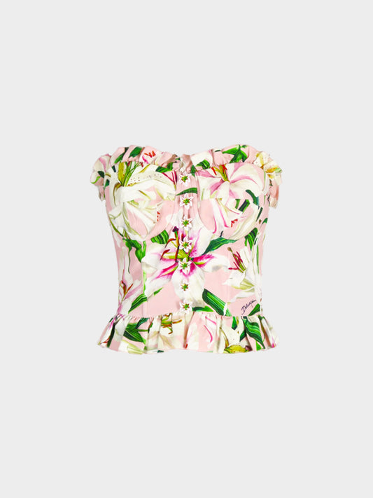 Dolce and Gabbana 2019 Pink Lily-print Cady Bustier Top