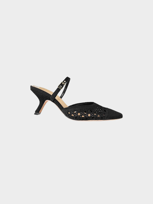 Christian Dior 2010s Black Cannage Embroidered Canvas Kitten Heels