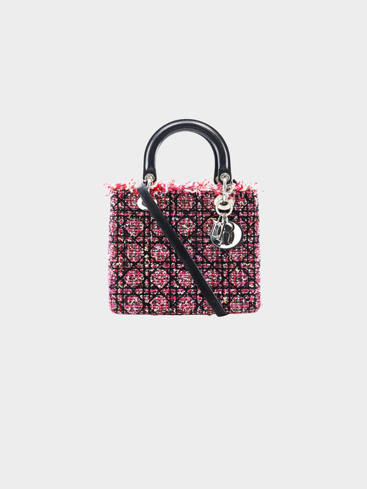 Christian Dior 2011 Pink and Black Tweed Cannage Lady Dior Handbag