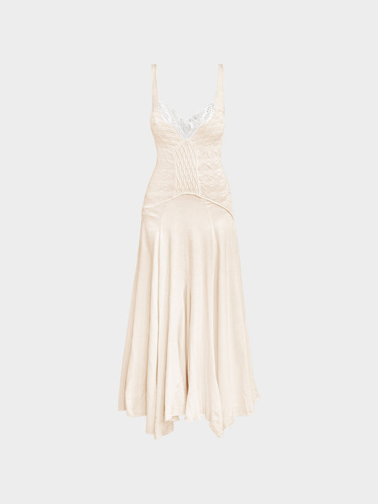 Roberto Cavalli 2000s Beige Polyester and Lace Mesh Long Dress