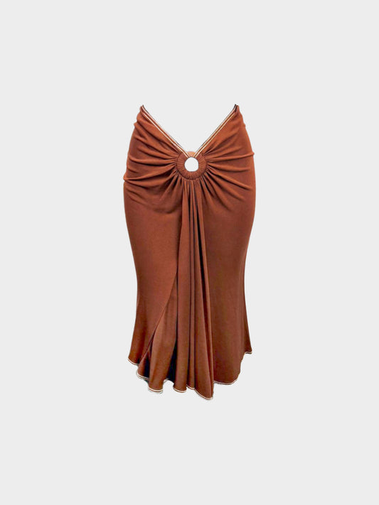 Hermès 1990s Brown Viscose Low-wait Ring Skirt