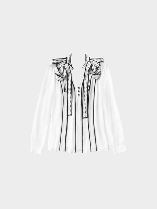 Roberto Cavalli 2000s Just Cavalli White and Black Long Sleeve Blouse with Ribbons