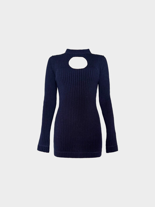 Prada 2000s Navy Blue Knitted Long Sleeve Fitted Mini Dress/Top