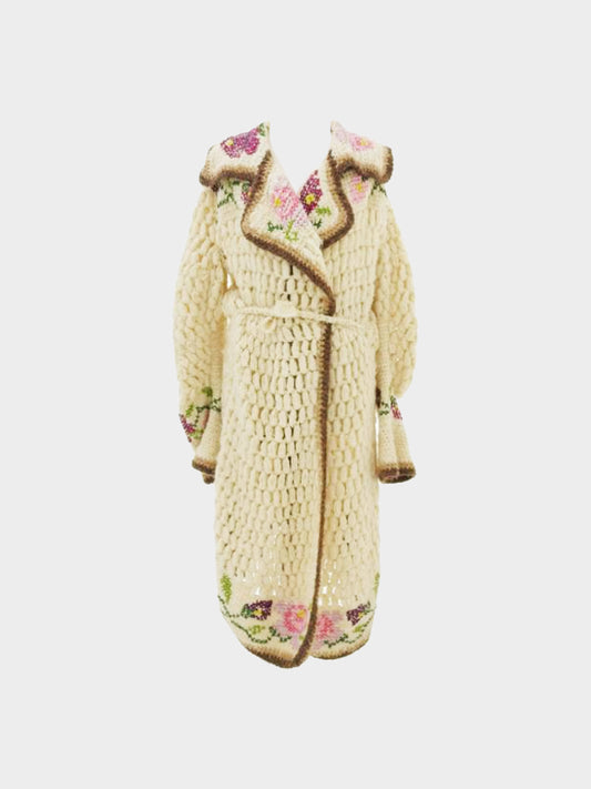 John Galliano 2000s Rare Beige Floral Stitched Knitted Coat