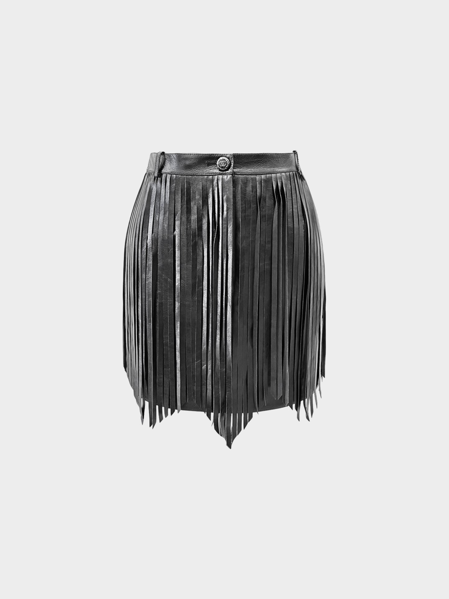 Chanel 2022 Black Calfskin Leather Fringe Mini Skirt