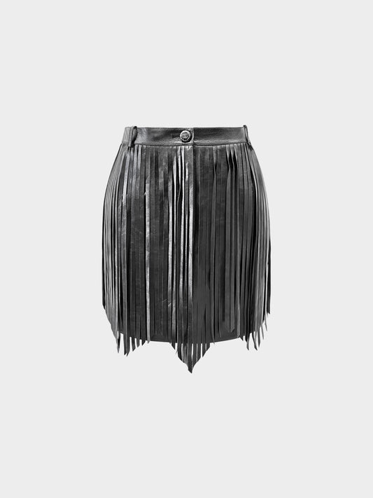 Chanel 2022 Black Calfskin Leather Fringe Mini Skirt
