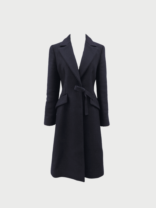 Prada 2000s Black Wool Tie Waist 3/4 Length Coat