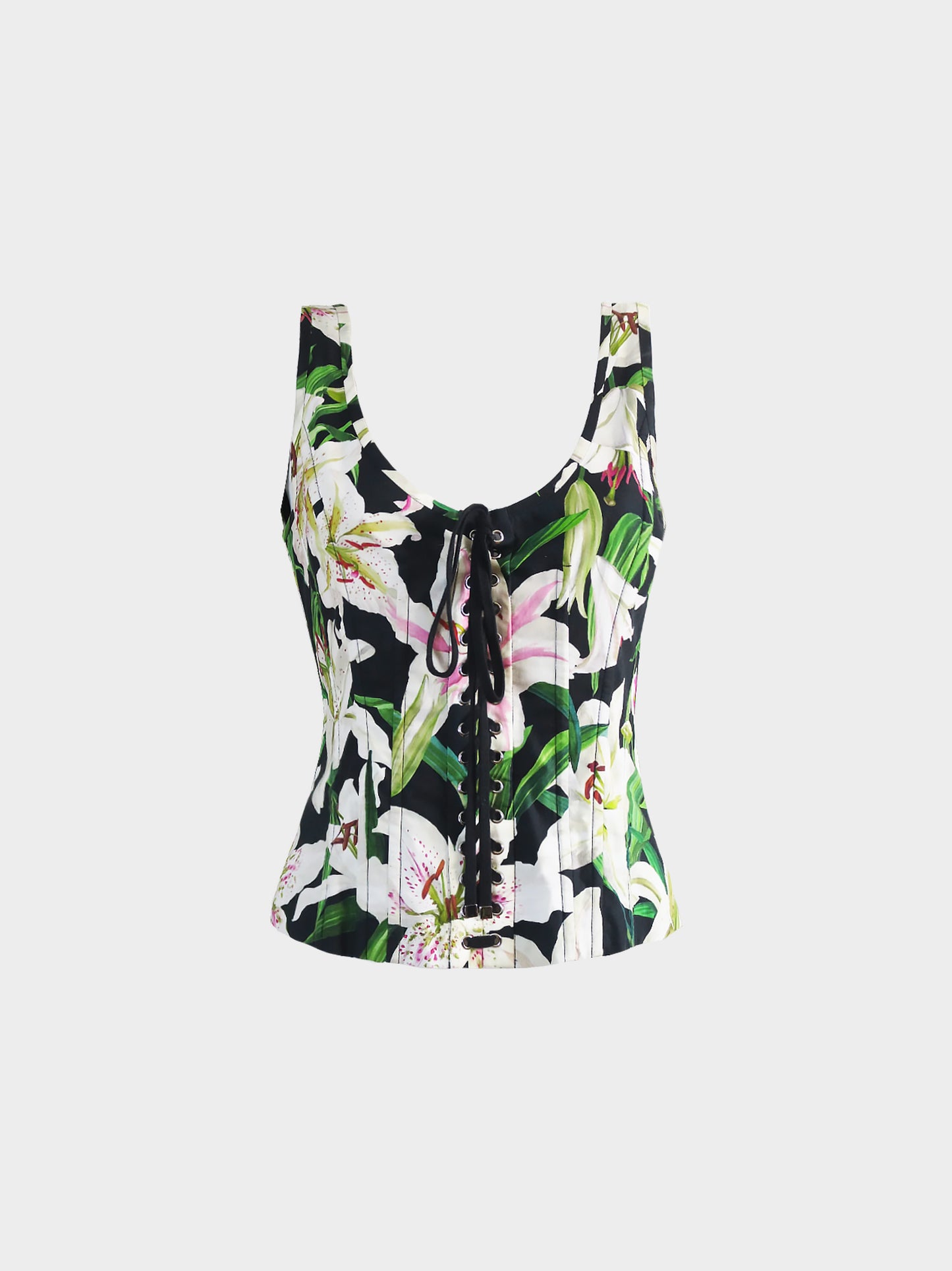 Dolce and Gabbana 2019 Black Lily-print Lace-up Corset Top