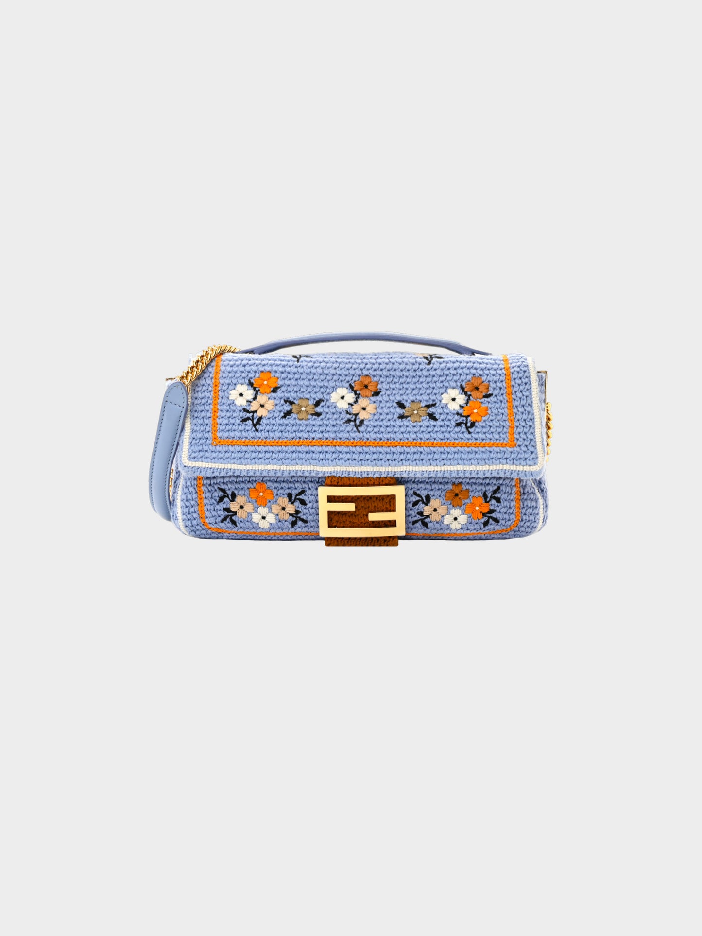 Fendi 2021 Light Blue Wool Knit Floral Embroidered Baguette Bag