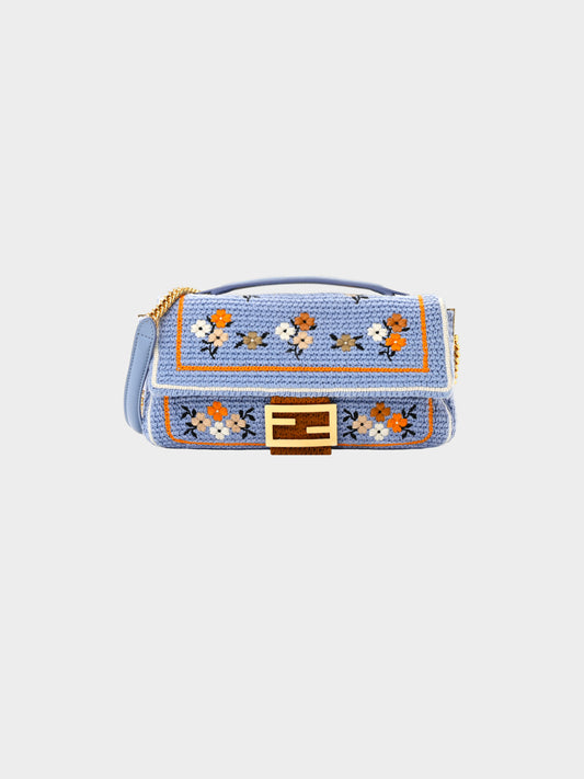 Fendi 2021 Light Blue Wool Knit Floral Embroidered Baguette Bag