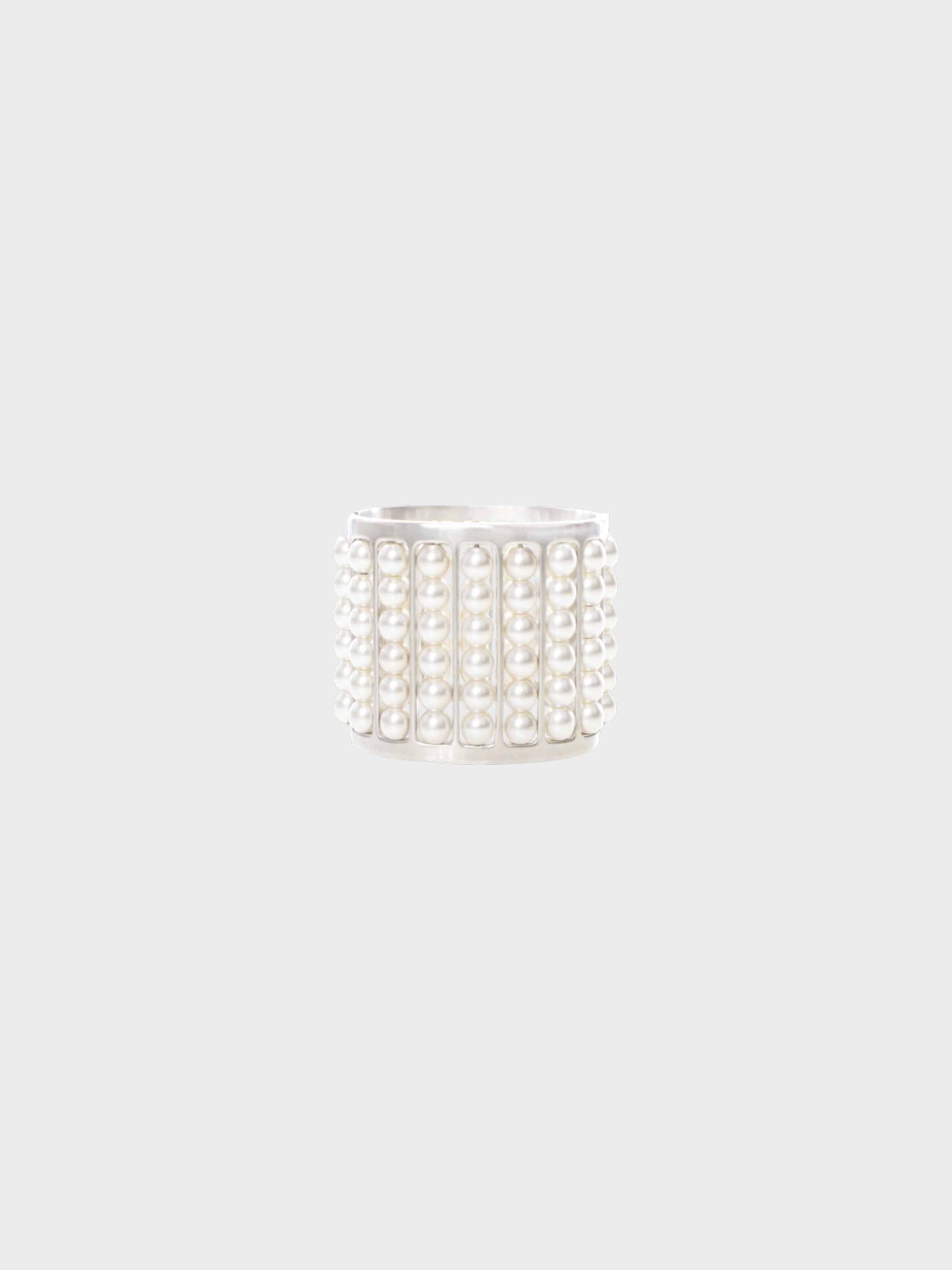 Chanel 2015 Silver Metal and Faux Pearls Wide Cuff Bracelet