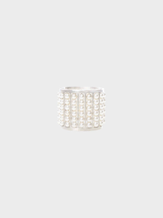 Chanel 2015 Silver Metal and Faux Pearls Wide Cuff Bracelet