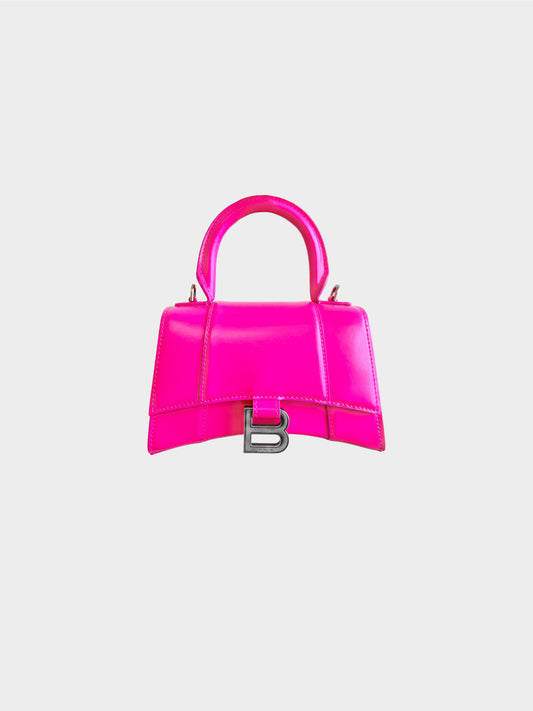 Balenciaga 2023 Hot Pink XS Hourglass Two-Way Leather Bag